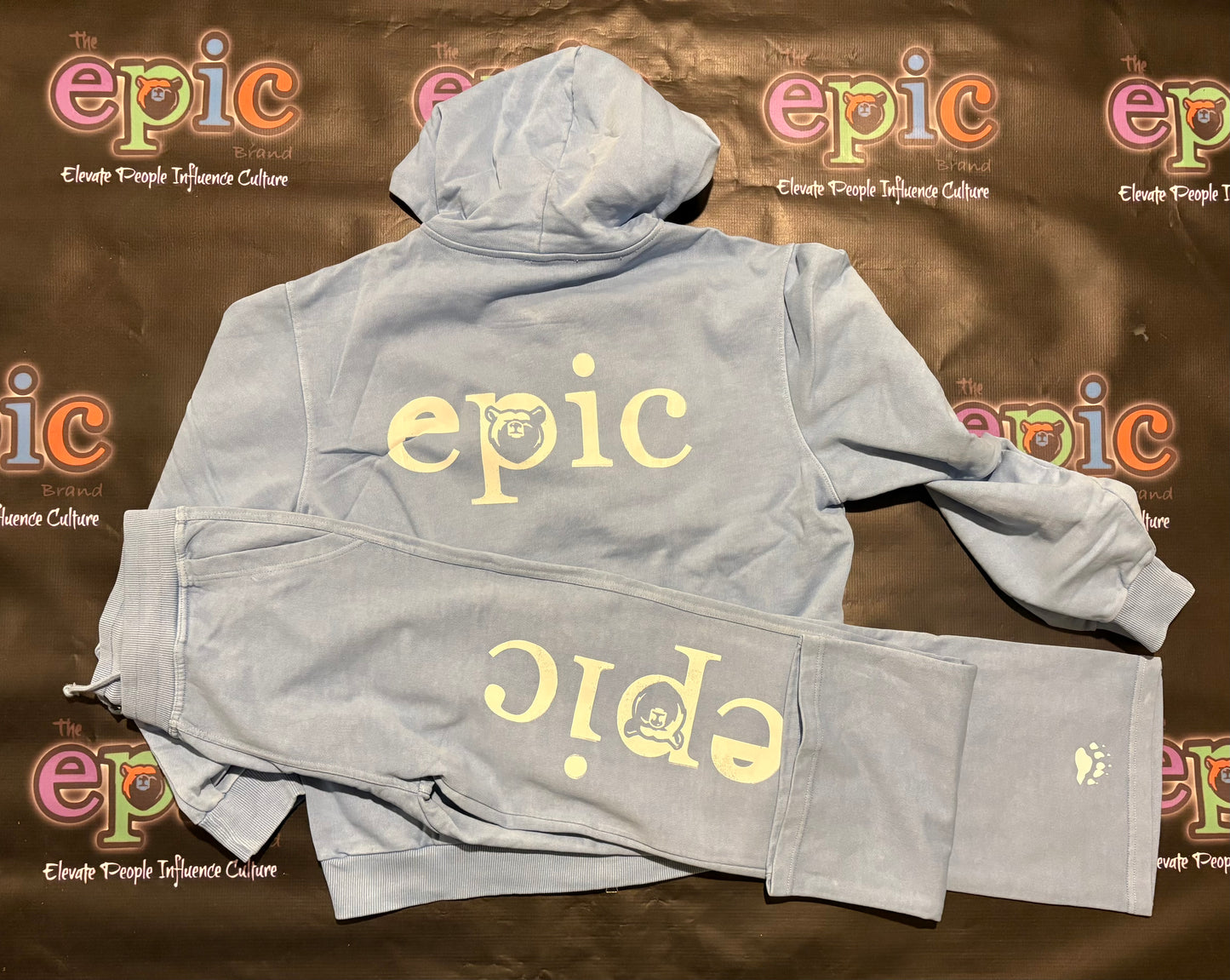 Heavyweight Epic Jogger set in powder blue featuring zip up hoodie and jogger pants, ideal for comfort and style.