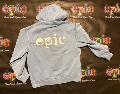 Heavyweight Epic Jogger set zip-up hoodie in powder blue color with 'epic' logo on the back.