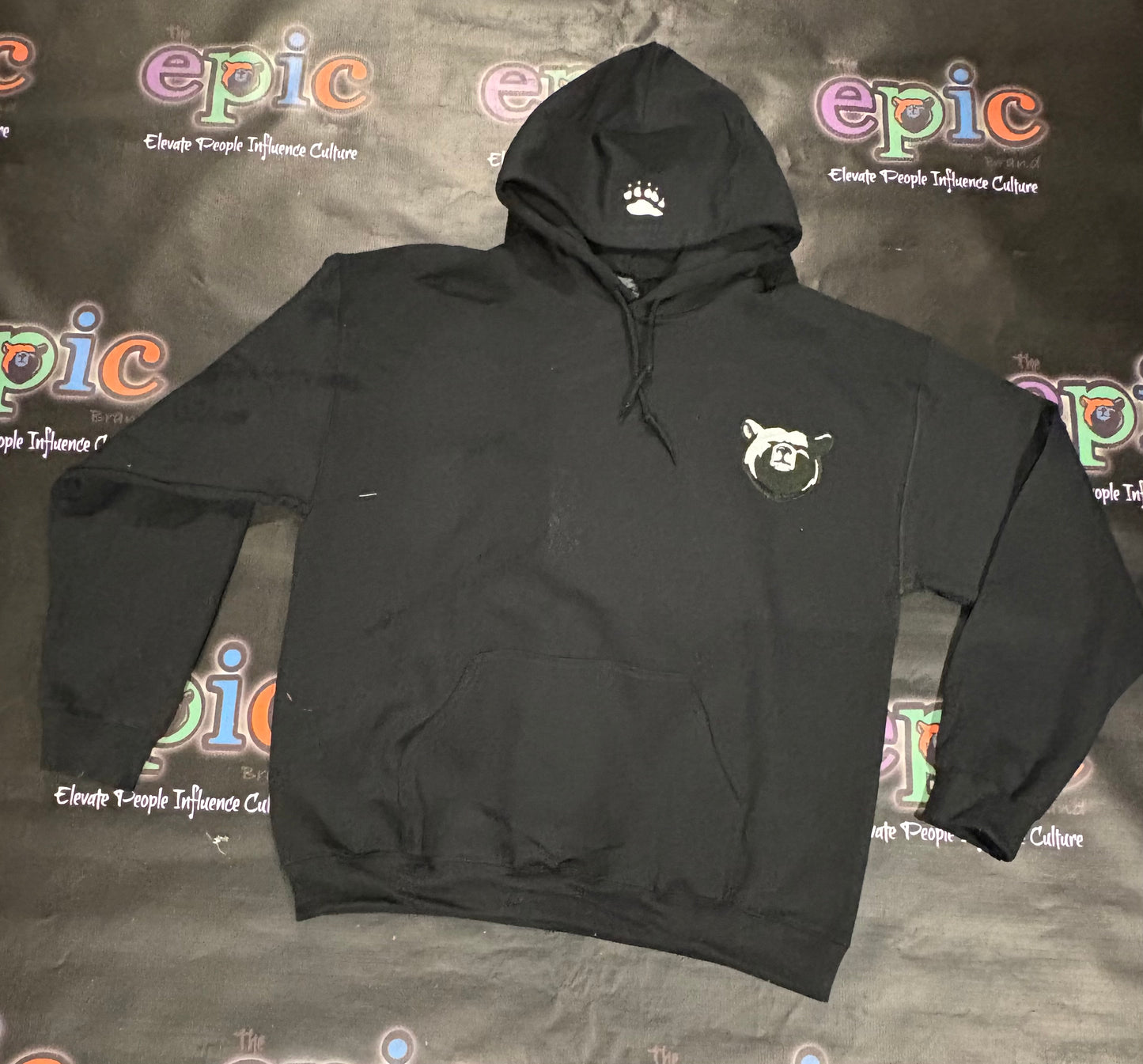 Be Epic Hoodie from Elevate People Influence Culture in black, featuring a bear graphic on the chest.