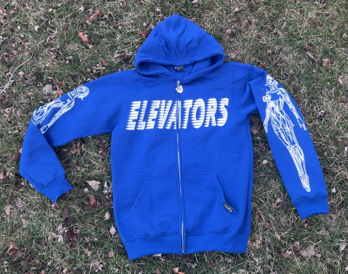 Elevators Hoodie featuring a blue design, chrome zipper, and robot graphic, promoting an elevate people influence culture vibe.