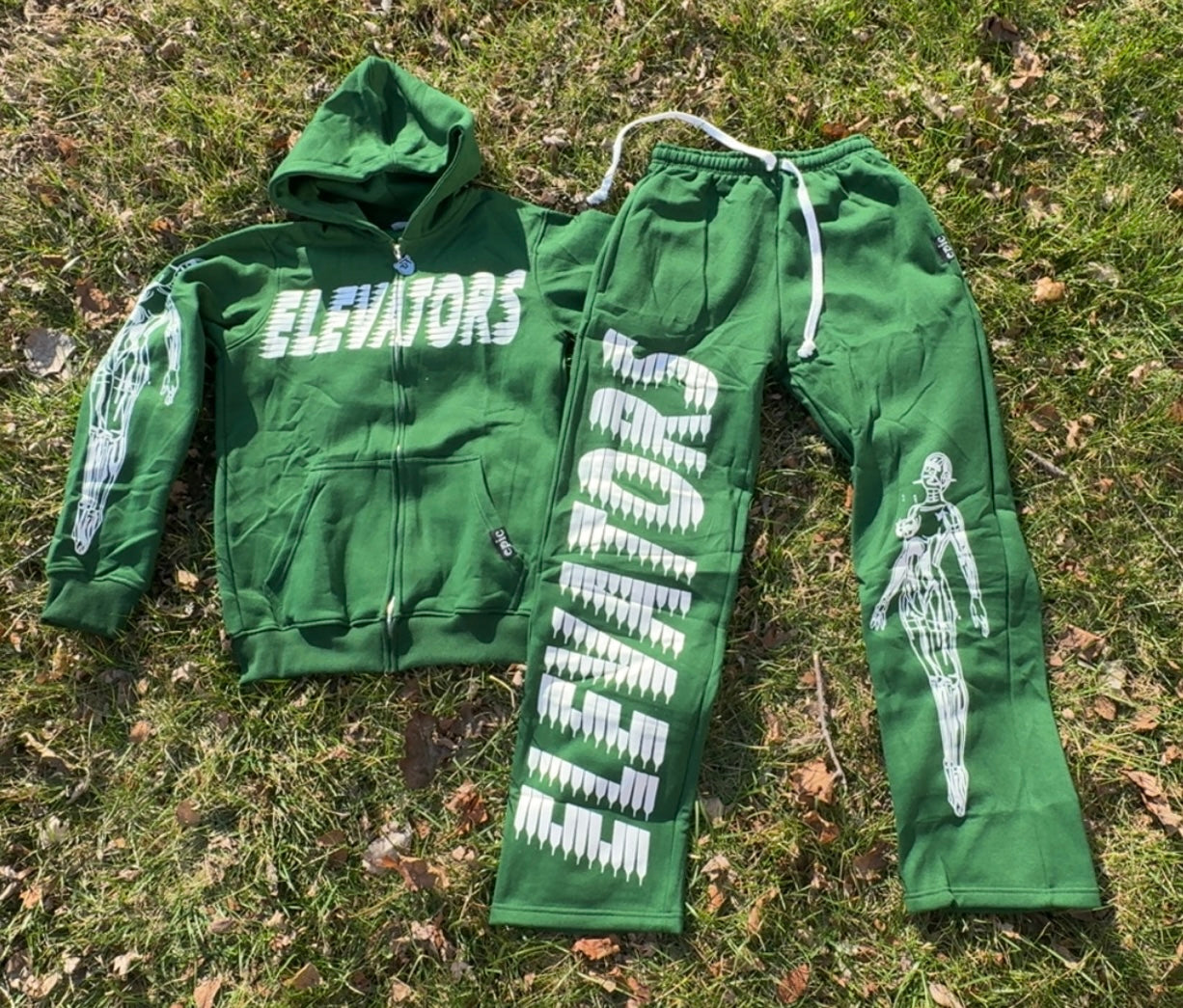 Elevators Joggers and hoodie set in green, designed for comfort and style, showcasing custom graphics.