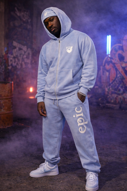 Heavyweight Epic Jogger set in stylish powder blue, showcasing comfort and culture influence.