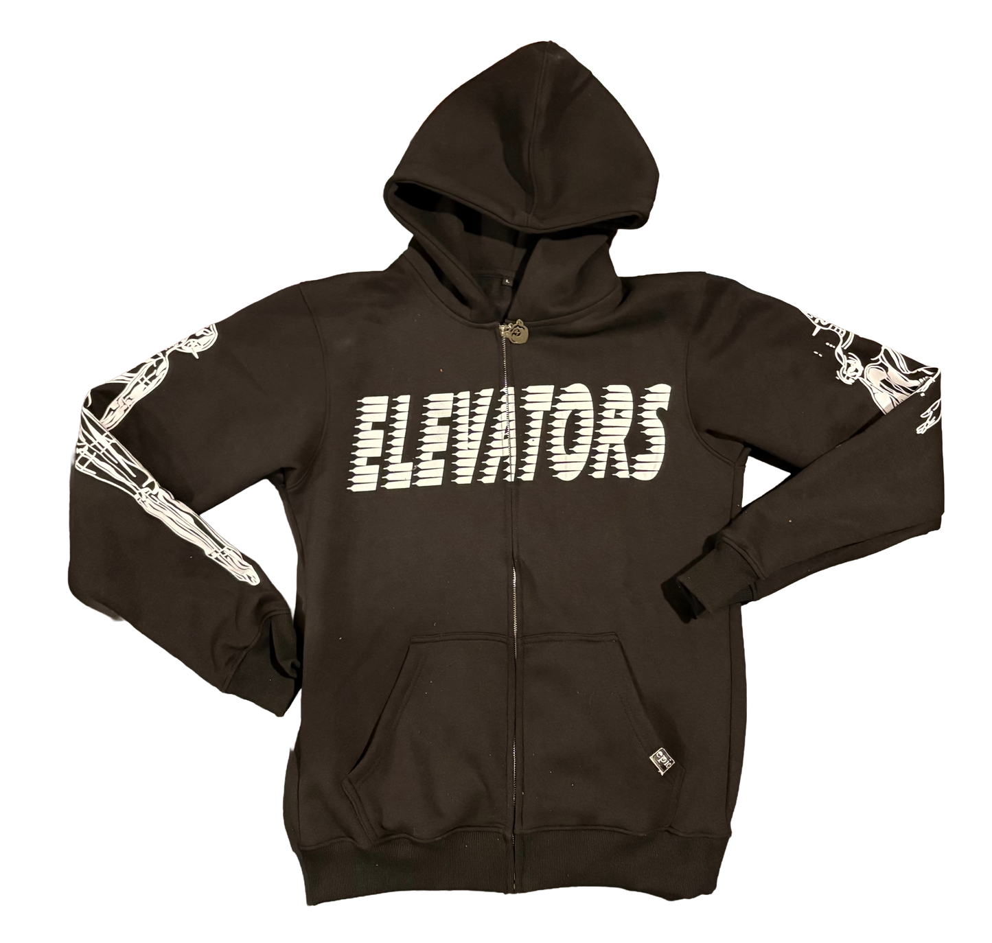 Elevators Hoodie featuring a chrome zipper and spine graphic, designed to elevate people and influence culture.