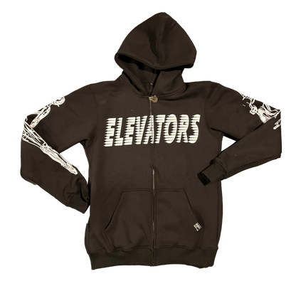 Elevators Hoodie featuring a chrome zipper and spine graphic, designed to elevate people and influence culture.