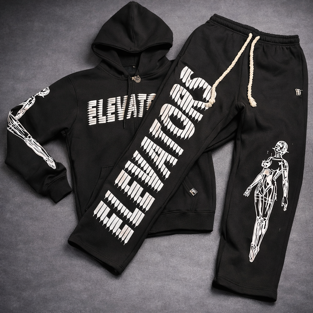 Elevators Hoodie and pants set in black featuring Elevators logo and a motivational robot graphic.