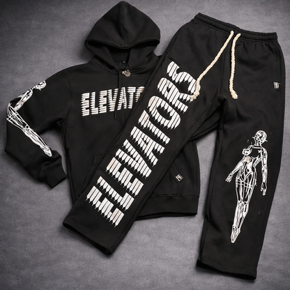 Elevators Hoodie and pants set in black featuring Elevators logo and a motivational robot graphic.